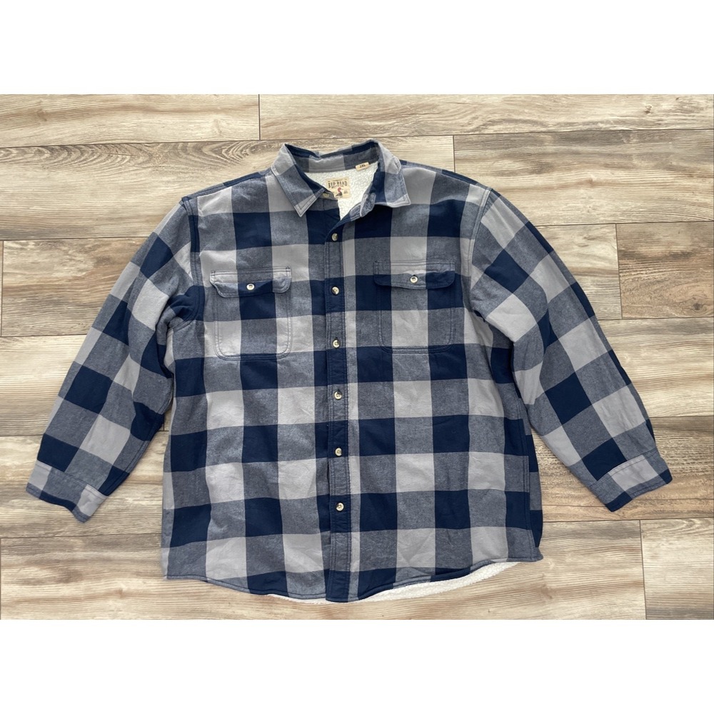 RedHead Mens Buffalo Plaid Sherpa Lined Flannel Shirt Jacket Blue Grey 2XL